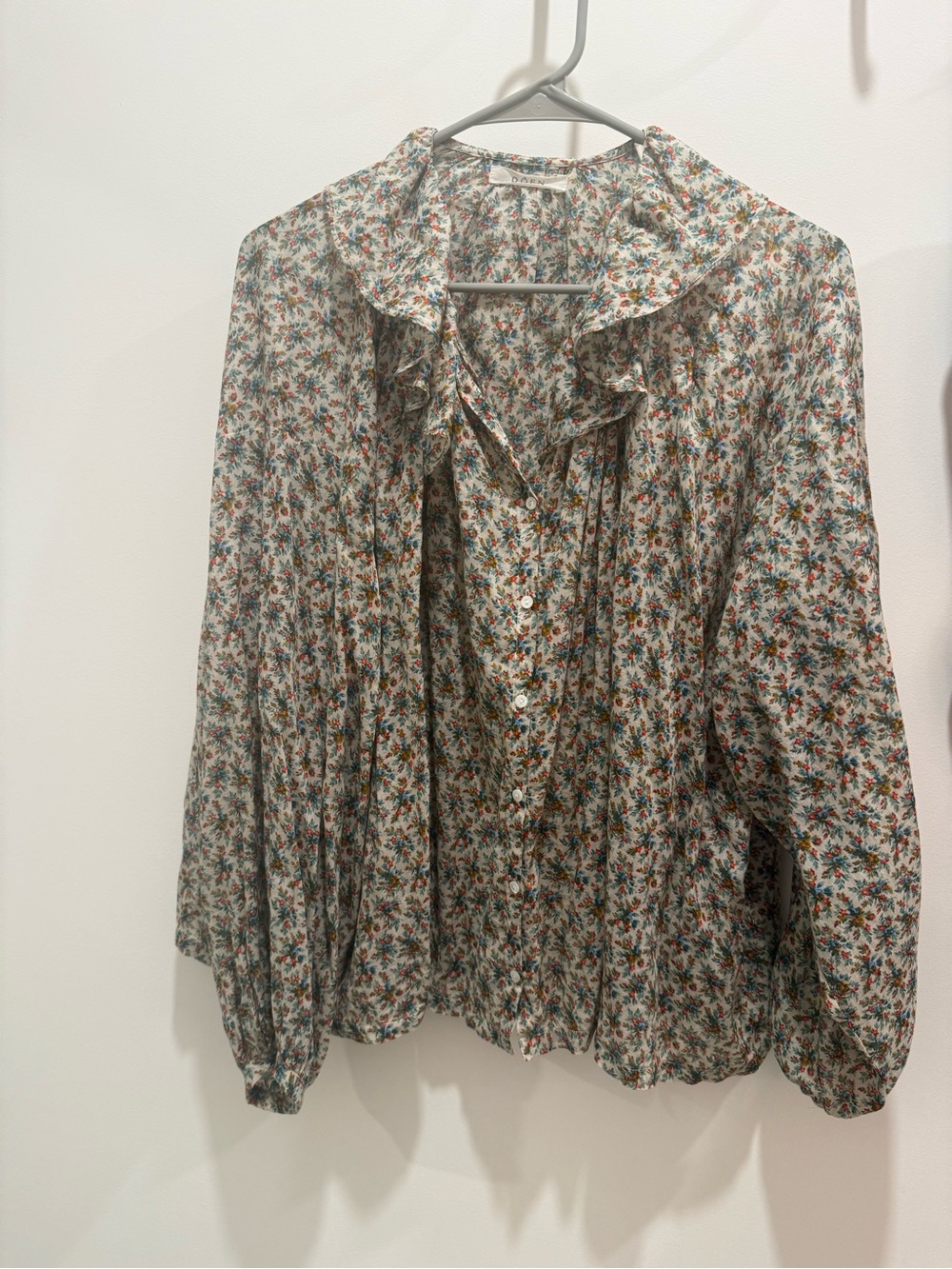 Floral Ruffle Collar Long-Sleeve Blouse - Cream with Multicolor Print